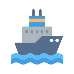 Blue and grey ship on water, flat design illustration against black backdrop