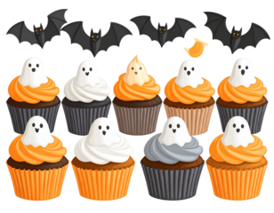 Elegant Halloween Cupcake Collection with Ghosts, Bats, and Moon Toppers, PNG Illustration