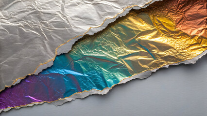Torn silver paper revealing iridescent holographic foil with gold edge detail image