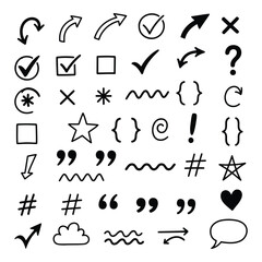 Collection of hand-drawn doodle icons featuring arrows checkmarks stars brackets and symbols for design projects silhouette