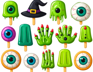  Creepy Halloween Treats Set with Eyeball Gummies, Witch Fingers, and Slime Pops, PNG Illustration