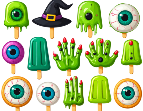  Creepy Halloween Treats Set with Eyeball Gummies, Witch Fingers, and Slime Pops, PNG Illustration
