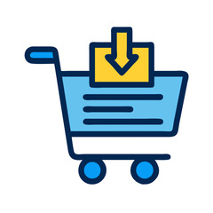 Blue shopping cart with yellow download box flat illustration