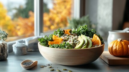A healthy salad with avocado, orange, pumpkin, seeds, and kale is in a wooden bowl, near a window with fall foliage