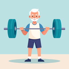 Senior Man Lifting Barbell with Teal Weights in Gym