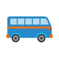 Flat vector illustration of a blue and orange passenger van on black background
