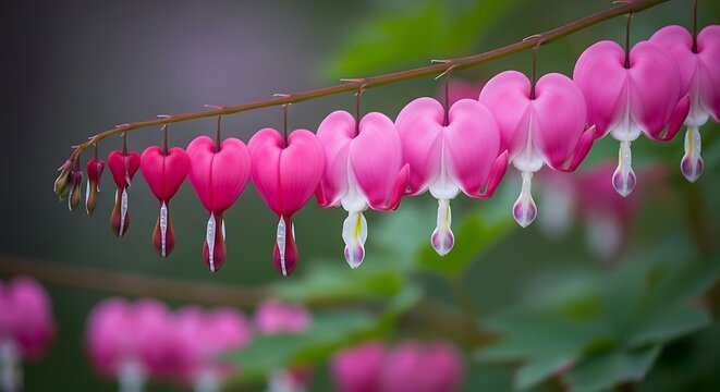 Delicate pink bleeding heart flowers hanging from a branch - Powered by Adobe