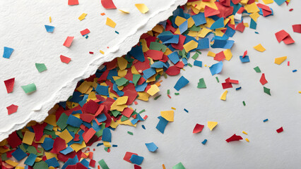 Obraz premium Torn white paper revealing scattered colorful confetti pieces on a light gray background