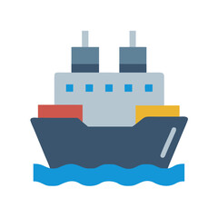 Stylized cargo ship icon isolated on black with blue waves