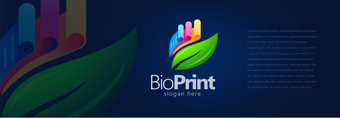 Bio Print Logo. Printing Ecology theme CMYK Color Papers and Green Leaf. Template design vector. Black background