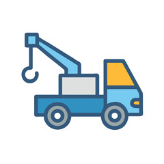 Flat design illustration of a blue and yellow tow truck on black backdrop