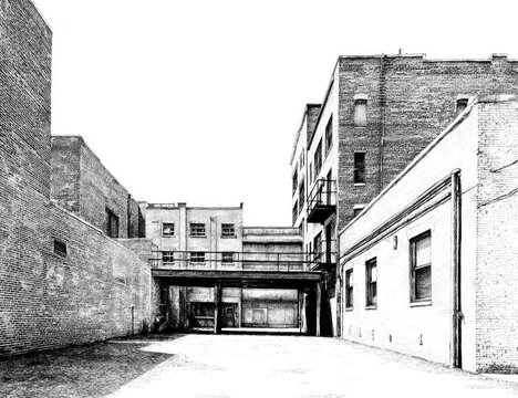 Fototapeta Urban alleyway perspective, monochrome brick buildings, pedestrian bridge overhead.  Use Stock photo for architectural, urban, historical, or design concepts