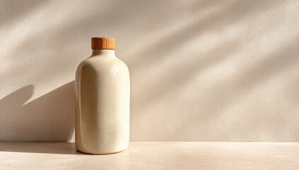Beige ceramic bottle on light beige surface, sunlit shadows