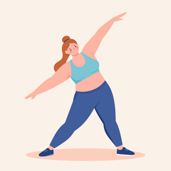 Naklejka premium Plus-Size Woman in Blue Activewear Performing a Dynamic Stretch