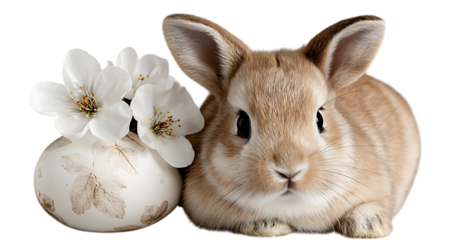 A light brown rabbit with white flowers in a vase on a black background close up  isolated on white  or transparent background.