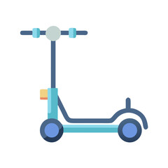 Blue kick scooter with flat style, isolated on a solid black background.