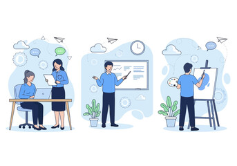 Vector art of diverse group of people engaged in educational activities, including teaching, learning, and artistic creation, representing modern education and skill development