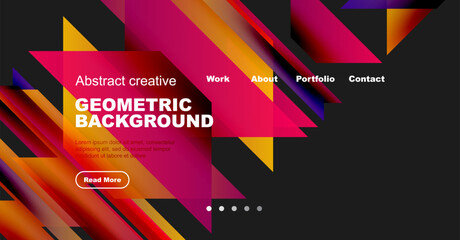 Abstract geometric design. Vibrant colors, layered shapes, text overlay, dark background. Modern website header illustration.