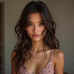 Attractive Young Woman with Brown Hair and Dress Looking at Camera