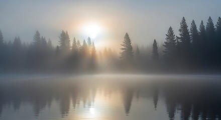 Fototapeta premium Misty Sunrise Over Calm Lake and Forest.