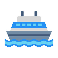 Stylized blue and grey boat icon sailing on water against black background