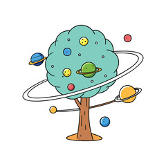 Whimsical tree of planets and celestial rings in a cosmic fantasy landscape