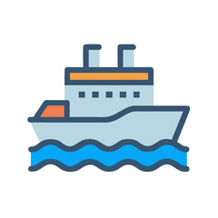 Obraz premium Stylized cruise ship navigating ocean waters with smoke stacks, side view illustration