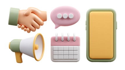 Cartoonish Handshake Megaphone Speech Bubble Calendar and Smartphone Icons.