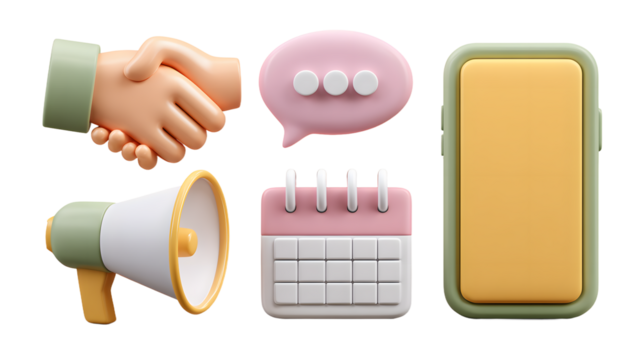 Cartoonish Handshake Megaphone Speech Bubble Calendar and Smartphone Icons.