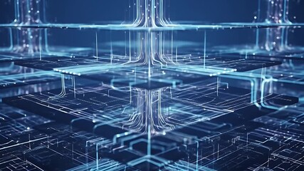 Abstract digital artwork depicting a complex network of glowing blue lines and interconnected layered platforms, suggesting a futuristic technological system or data flow - Powered by Adobe
