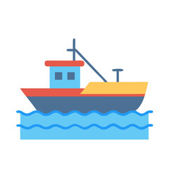 Obraz premium Stylized fishing boat on calm ocean waves, vector illustration with bold colors