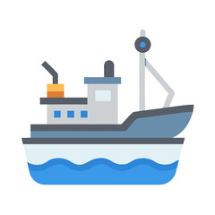 Flat illustration of a blue and gray fishing boat sailing on waves