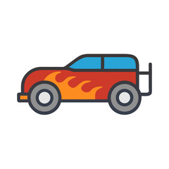Cartoon Car with Flames Illustration on Black Background Graphic Design