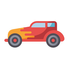 Illustration of a classic red and yellow car against a black background.