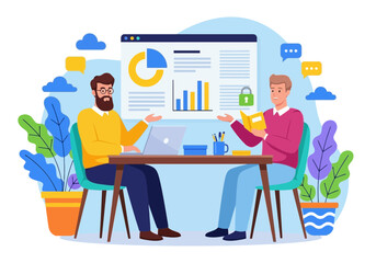 Vector art of two businessmen collaborating at a desk, discussing a business presentation with charts and data, symbolizing teamwork and strategic planning in a modern office environment