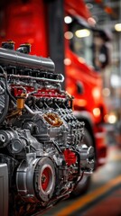 Fototapeta premium High-quality photo of disassembled truck engine in repair service. Heavy machinery, diesel motor vehicle part close-up. Red truck blurred background. Maintenance, repair.