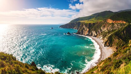 A breathtaking vista showcases a dramatic coastline with turquoise waters, a sandy beach, and lush green hills.