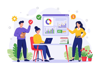 Vector art of business team collaborating on a project, analyzing data and presenting financial growth strategies in a modern office setting, highlighting teamwork and success
