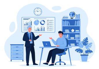 Vector art of two businessmen in an office setting discussing a report with charts and graphs on a screen, highlighting business growth and collaboration