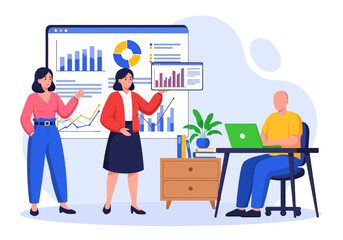 Vector art of business team collaborating on a presentation with charts and graphs, discussing strategy and data analysis in an office setting