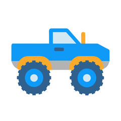 Illustration of a blue monster truck with huge wheels against a black backdrop