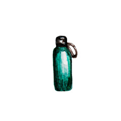 A green water bottle is depicted in a hand-painted style, showcasing its smooth surface and minimalist design. The bottle stands upright against a plain white backdrop, emphasizing its form.