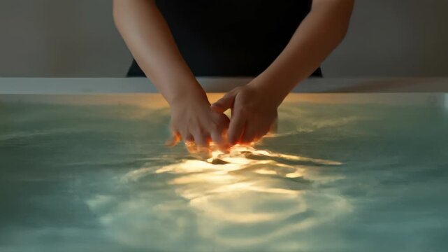 Hands gently interact with water, creating ripples in tranquil setting, soft light