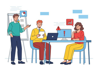 Vector art of business meeting with team collaborating on strategy and analysis, presenting data and charts in a modern office setting