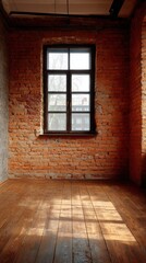 High-quality photo of large room with a brick wall and a window, Wooden floor and brick wall in a modern interior.