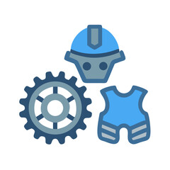 Blue gear, hard hat, and vest representing safety, construction, engineering, and teamwork.