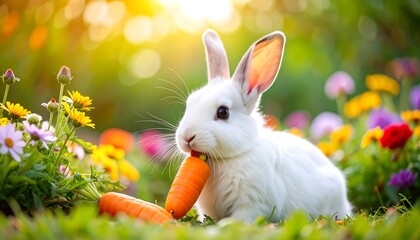 A delightful white rabbit enjoys a carrot amidst a vibrant garden setting.