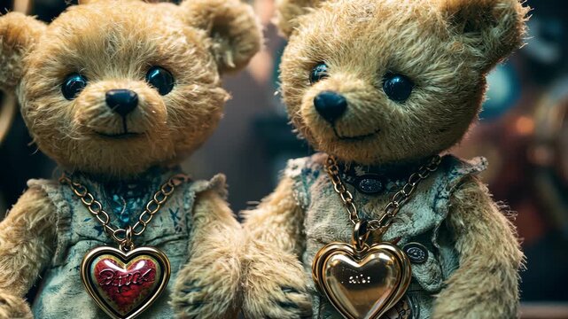 Charming Teddy Bears with Heart Pendants A Nostalgic Animated Background, Perfect for Gift Shops