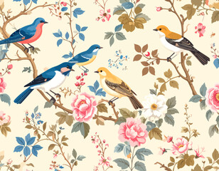 Colorful Birds Perched on Branches Amidst Floral Pattern Design