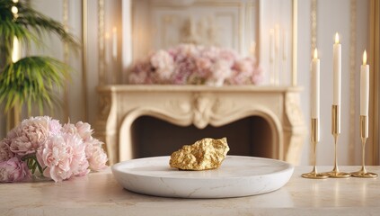 A rough gold nugget rests on a white marble dish, positioned on a marble surface before a blurred backdrop of a luxurious interior with a fireplace, candles, and pink peonies